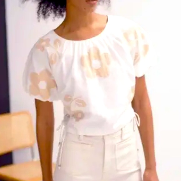 Madewell Tops - Madewell Embroidered Poplin Puff Sleeve Shirt Size Large